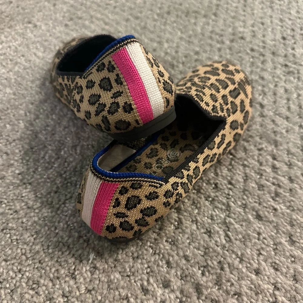 Rothy's Kids Leopard Print loafers with Pink & Blue Accents